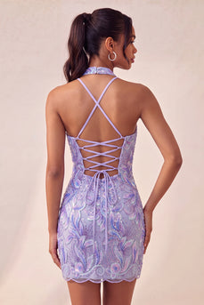 Bodycon Helllila Neckholderhals Pailletten Schnürung Kurzes Abendkleid