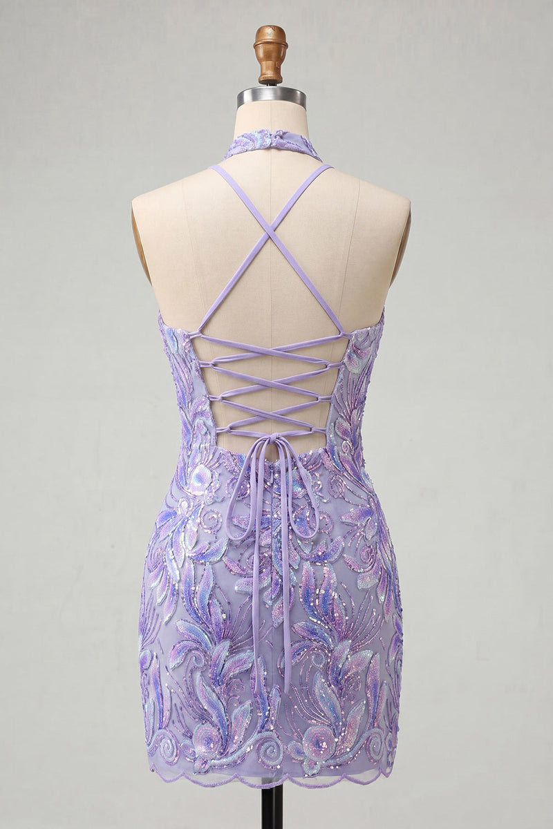 Laden Sie das Bild in den Galerie-Viewer, Bodycon Helllila Neckholderhals Pailletten Schnürung Back-Homecoming-Kleid