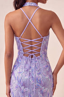Laden Sie das Bild in den Galerie-Viewer, Bodycon Helllila Neckholderhals Pailletten Schnürung Back-Homecoming-Kleid