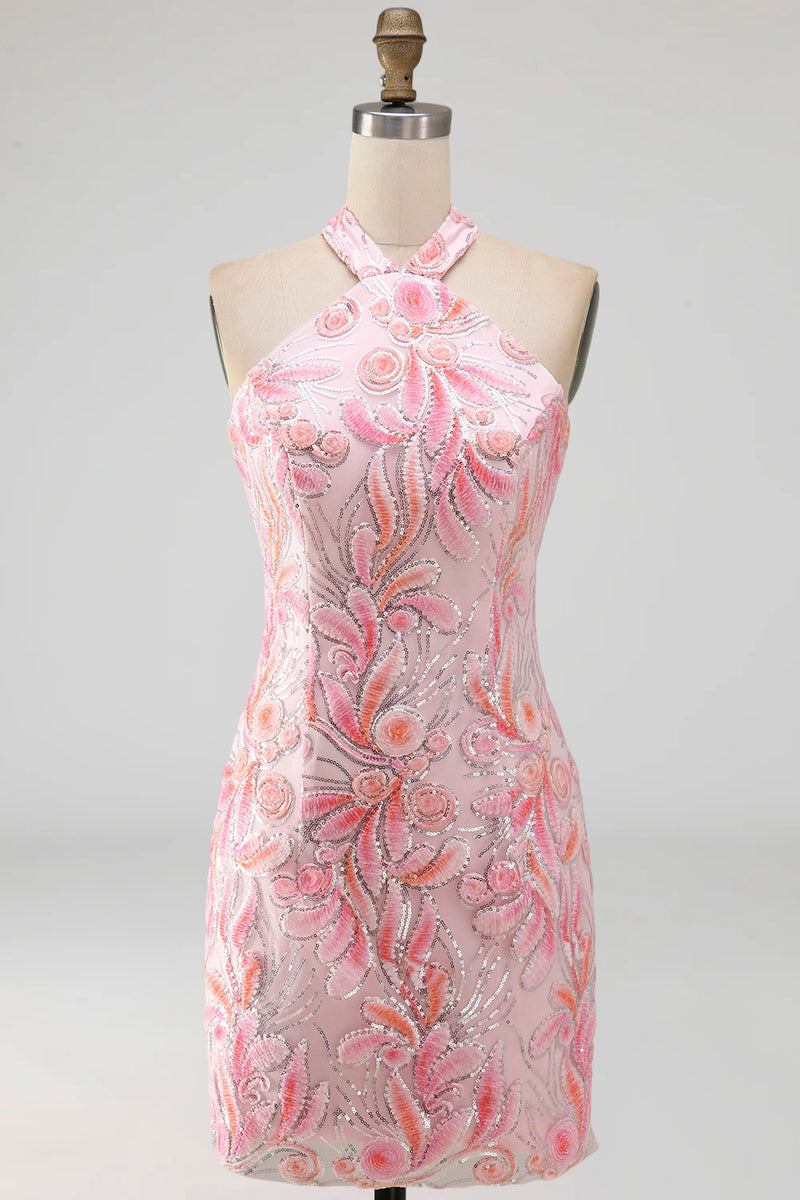 Laden Sie das Bild in den Galerie-Viewer, Bodycon Helllila Neckholderhals Pailletten Schnürung Kurzes Abendkleid
