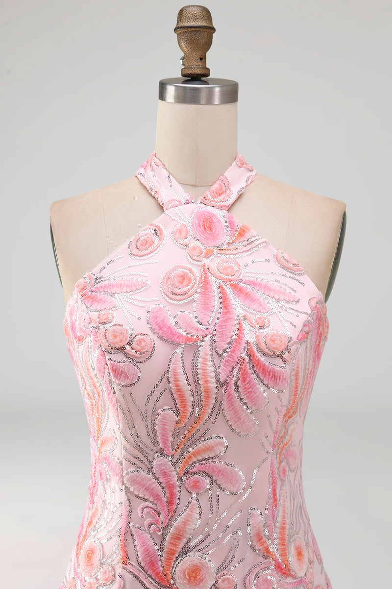 Laden Sie das Bild in den Galerie-Viewer, Bodycon Helllila Neckholderhals Pailletten Schnürung Kurzes Abendkleid