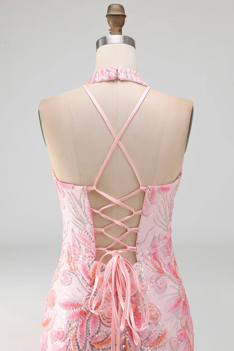 Laden Sie das Bild in den Galerie-Viewer, Bodycon Helllila Neckholderhals Pailletten Schnürung Kurzes Abendkleid