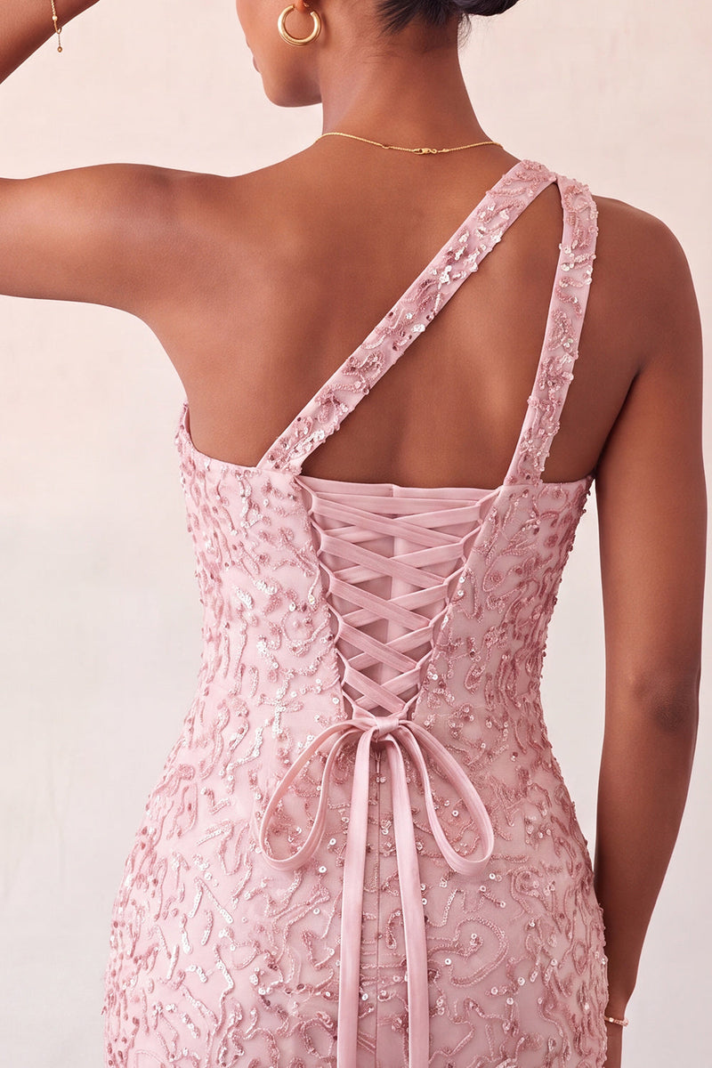 Laden Sie das Bild in den Galerie-Viewer, Champagner-Bodycon mit einer Schulter Schnürung-Back-Homecoming-Kleid mit Pailletten