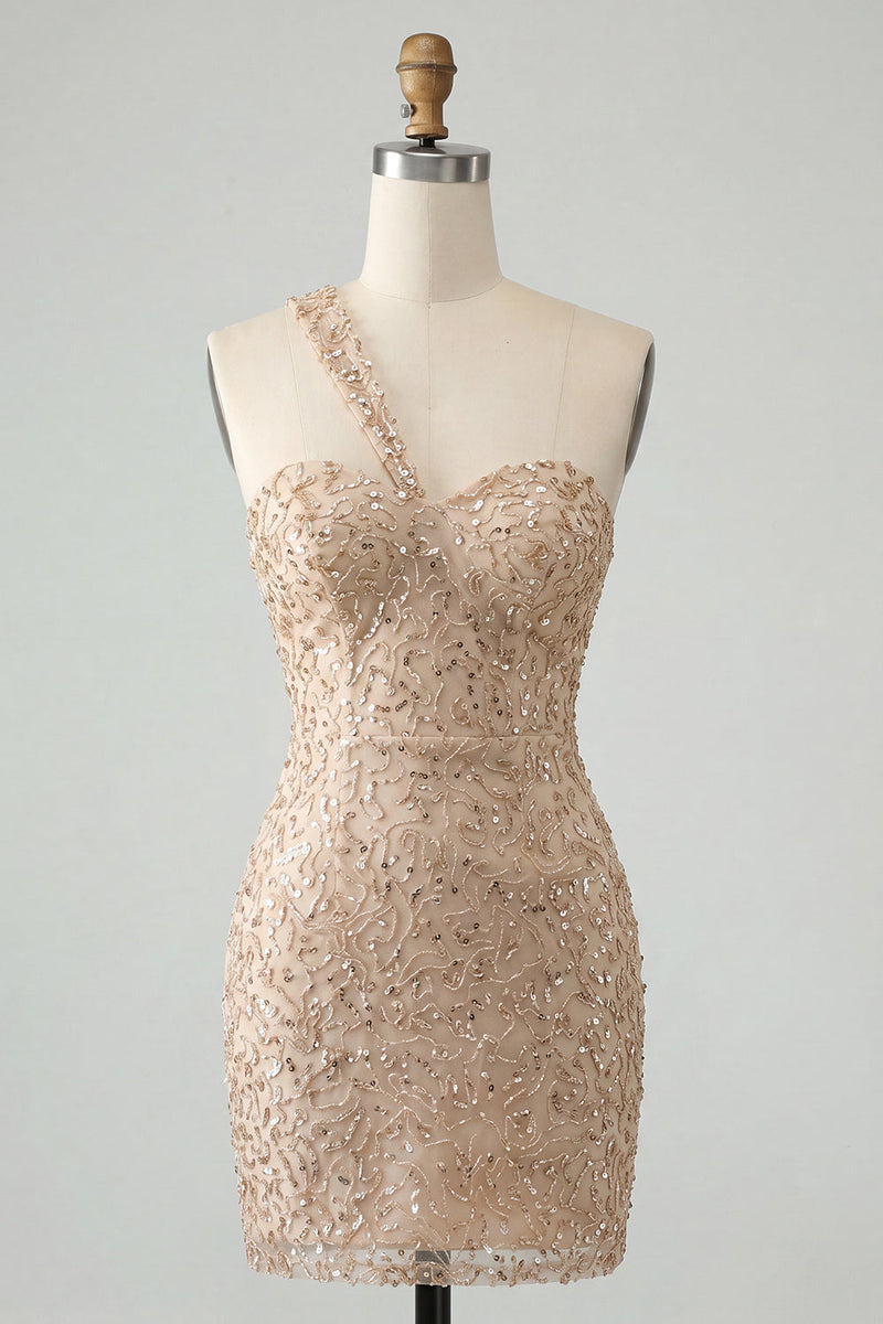 Laden Sie das Bild in den Galerie-Viewer, Champagner-Bodycon mit einer Schulter Schnürung-Back-Homecoming-Kleid mit Pailletten
