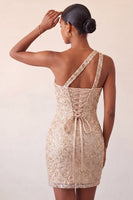 Laden Sie das Bild in den Galerie-Viewer, Champagner-Bodycon mit einer Schulter Schnürung-Back-Homecoming-Kleid mit Pailletten