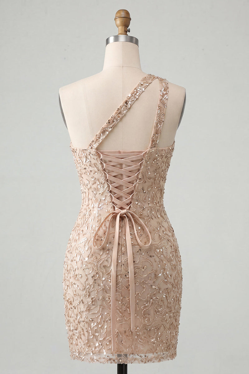 Laden Sie das Bild in den Galerie-Viewer, Champagner-Bodycon mit einer Schulter Schnürung-Back-Homecoming-Kleid mit Pailletten