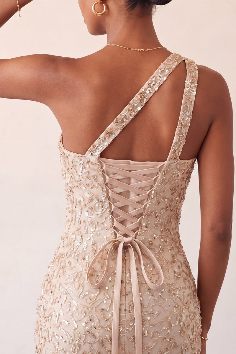 Laden Sie das Bild in den Galerie-Viewer, Champagner-Bodycon mit einer Schulter Schnürung-Back-Homecoming-Kleid mit Pailletten