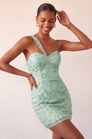 Laden Sie das Bild in den Galerie-Viewer, Champagner-Bodycon mit einer Schulter Schnürung-Back-Homecoming-Kleid mit Pailletten