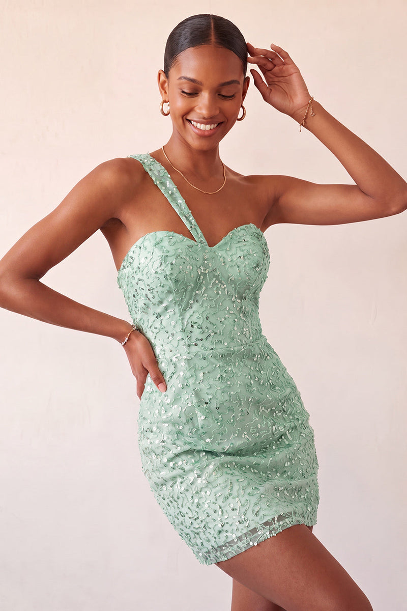 Laden Sie das Bild in den Galerie-Viewer, Champagner-Bodycon mit einer Schulter Schnürung-Back-Homecoming-Kleid mit Pailletten