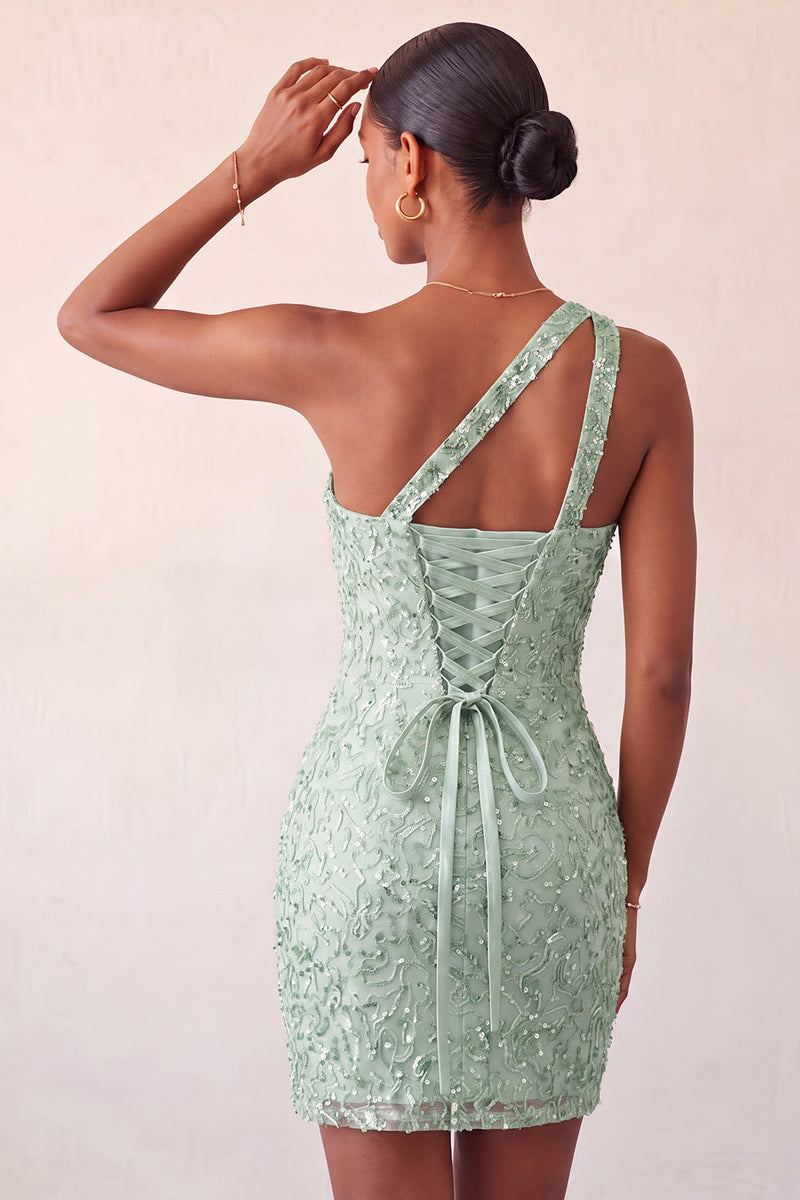 Laden Sie das Bild in den Galerie-Viewer, Champagner-Bodycon mit einer Schulter Schnürung-Back-Homecoming-Kleid mit Pailletten