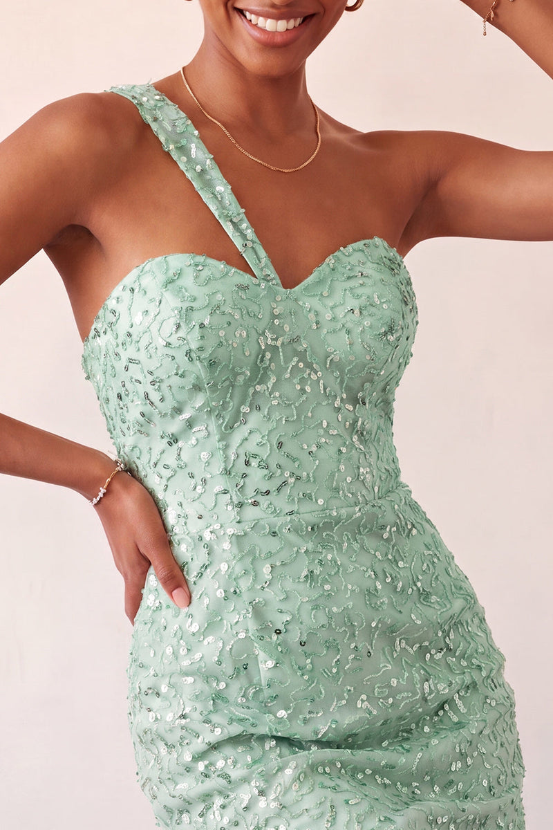 Laden Sie das Bild in den Galerie-Viewer, Champagner-Bodycon mit einer Schulter Schnürung-Back-Homecoming-Kleid mit Pailletten