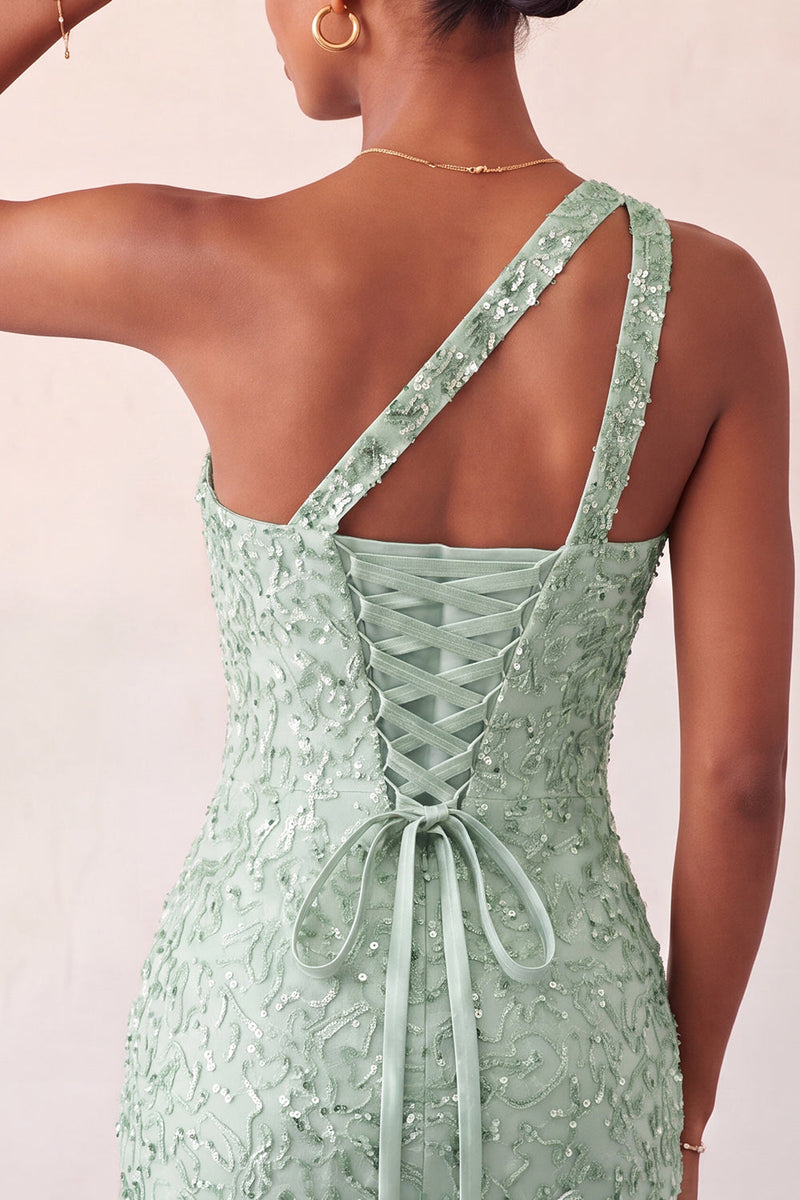 Laden Sie das Bild in den Galerie-Viewer, Champagner-Bodycon mit einer Schulter Schnürung-Back-Homecoming-Kleid mit Pailletten