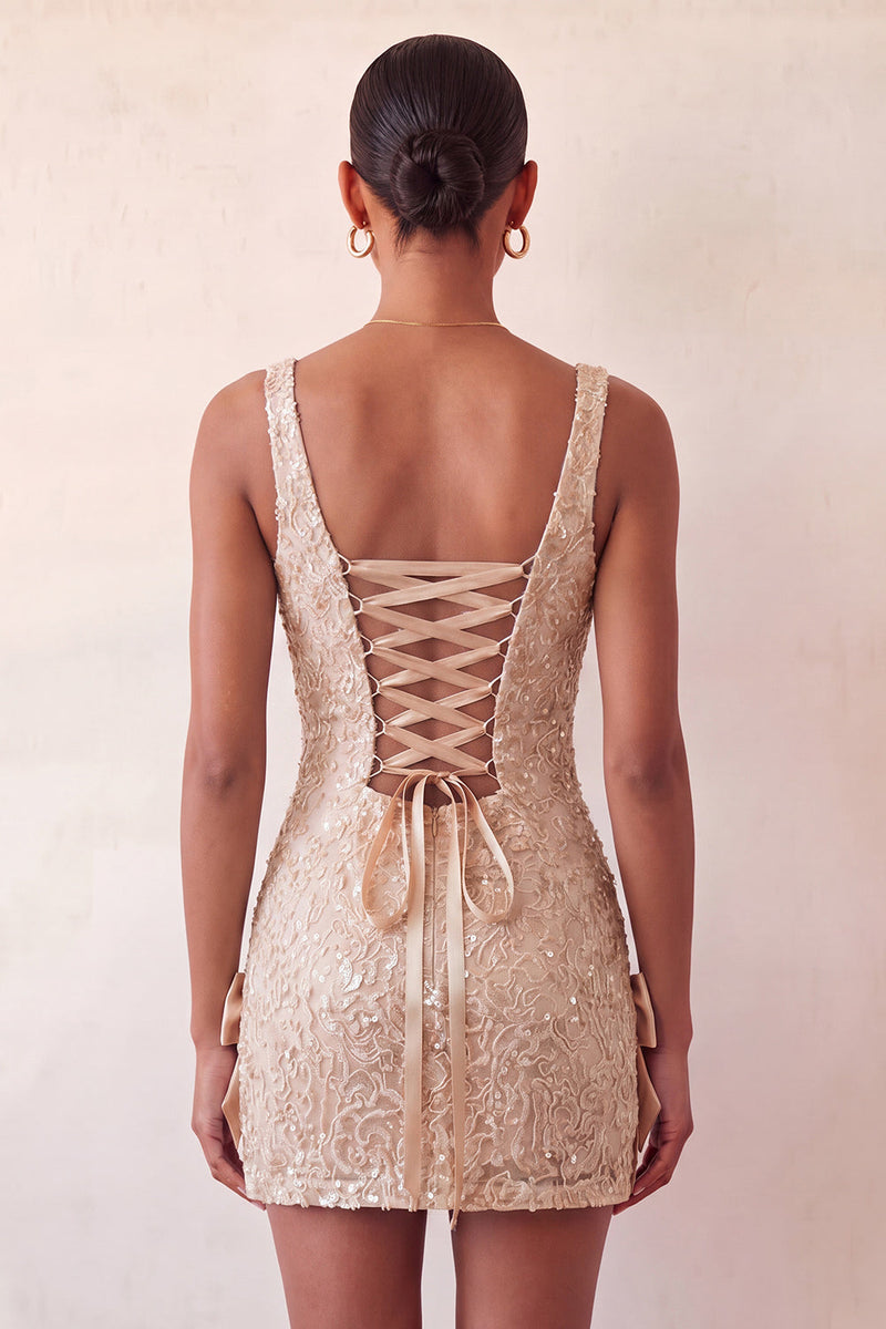 Laden Sie das Bild in den Galerie-Viewer, Mintgrüner Bodycon mit quadratischem Paillettenausschnitt und Schnürung Back-Homecoming-Kleid mit Schleife