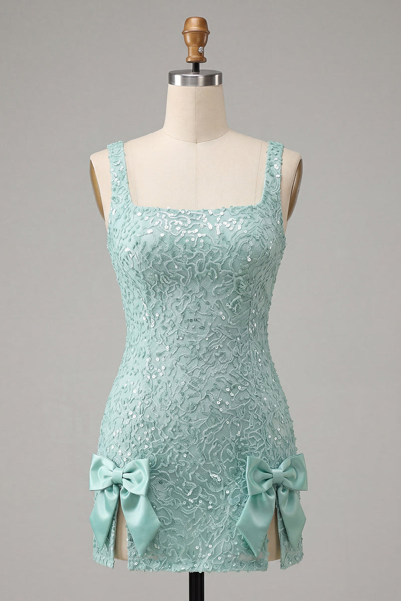 Laden Sie das Bild in den Galerie-Viewer, Mintgrüner Bodycon mit quadratischem Paillettenausschnitt und Schnürung Back-Homecoming-Kleid mit Schleife