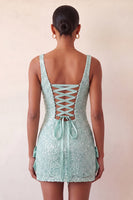 Laden Sie das Bild in den Galerie-Viewer, Mintgrüner Bodycon mit quadratischem Paillettenausschnitt und Schnürung Back-Homecoming-Kleid mit Schleife
