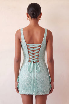 Mintgrünes Bodycon Quadratisches Pailletten Schnürung Kurzes Abendkleid mit Schleife