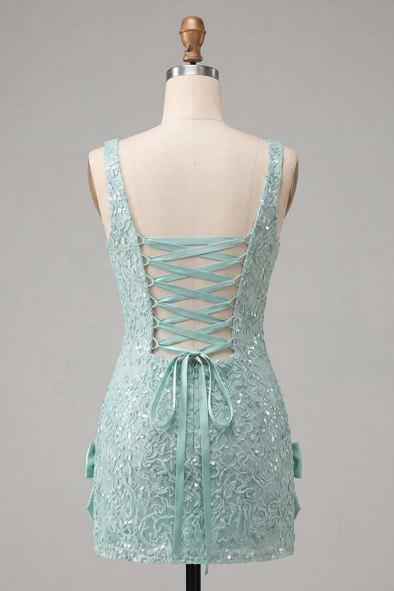 Laden Sie das Bild in den Galerie-Viewer, Mintgrüner Bodycon mit quadratischem Paillettenausschnitt und Schnürung Back-Homecoming-Kleid mit Schleife
