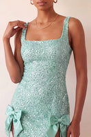 Laden Sie das Bild in den Galerie-Viewer, Mintgrüner Bodycon mit quadratischem Paillettenausschnitt und Schnürung Back-Homecoming-Kleid mit Schleife