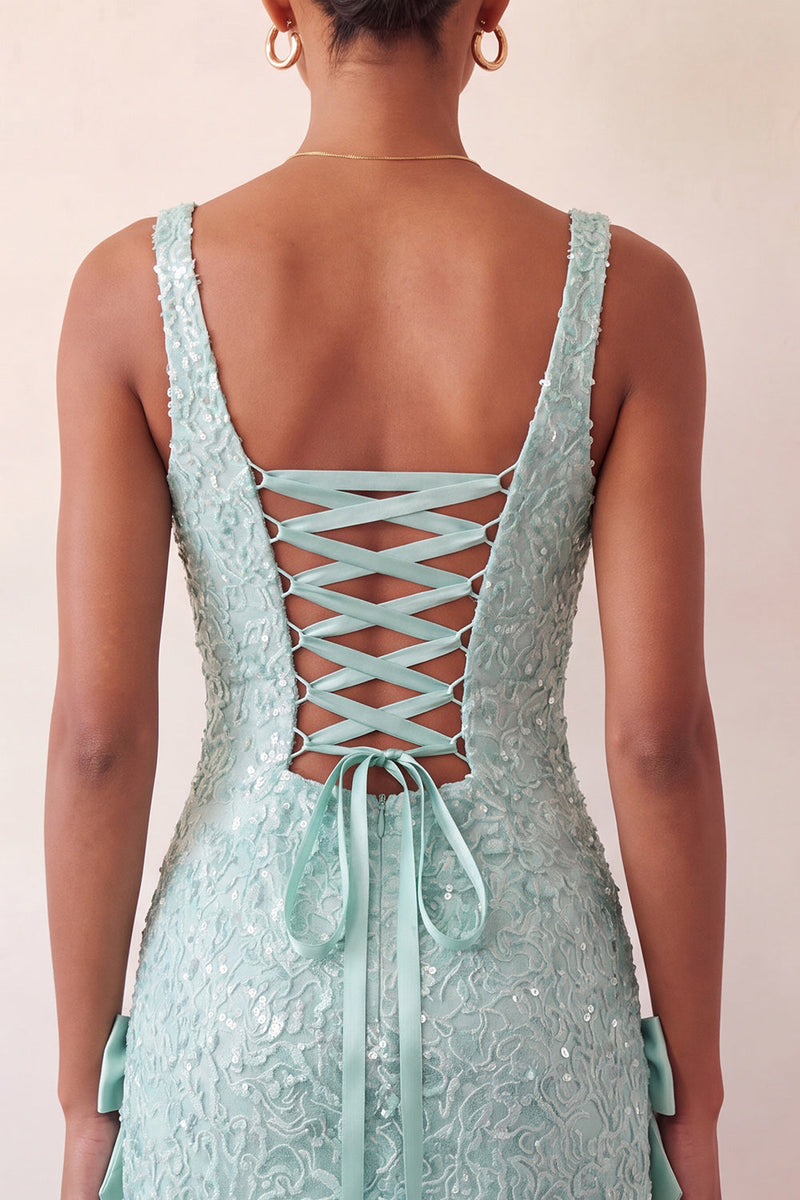 Laden Sie das Bild in den Galerie-Viewer, Mintgrüner Bodycon mit quadratischem Paillettenausschnitt und Schnürung Back-Homecoming-Kleid mit Schleife