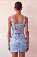 Laden Sie das Bild in den Galerie-Viewer, Mintgrüner Bodycon mit quadratischem Paillettenausschnitt und Schnürung Back-Homecoming-Kleid mit Schleife