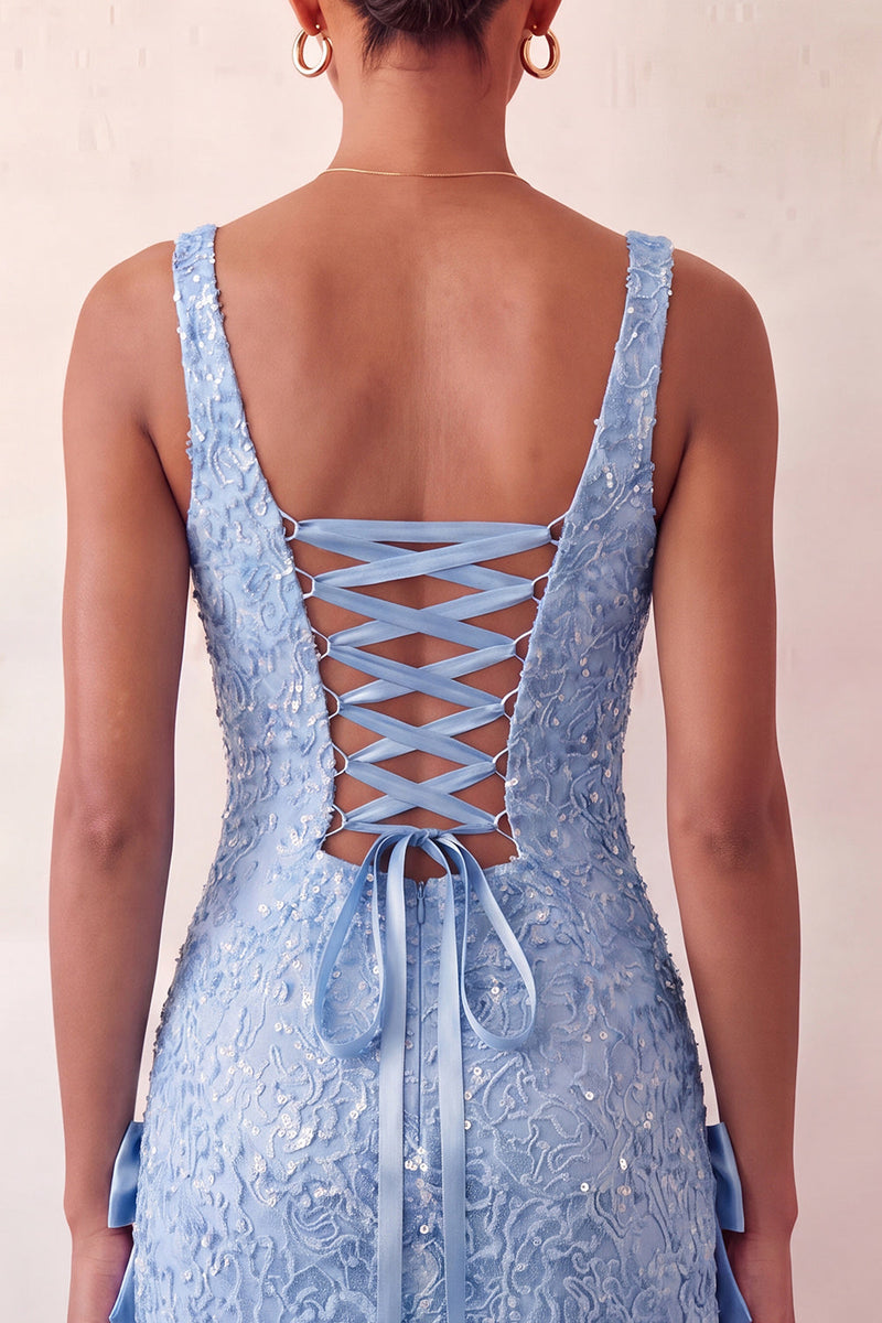Laden Sie das Bild in den Galerie-Viewer, Mintgrüner Bodycon mit quadratischem Paillettenausschnitt und Schnürung Back-Homecoming-Kleid mit Schleife