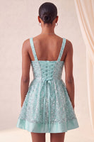 Laden Sie das Bild in den Galerie-Viewer, Himmelblaues A-Linie-Eck mit quadratischem Halsausschnitt und Pailletten-Pailletten-Homecoming-Kleid mit Schleife
