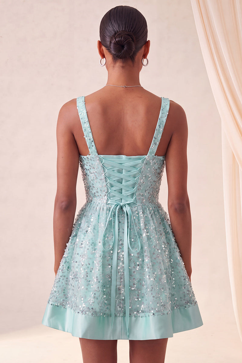 Laden Sie das Bild in den Galerie-Viewer, Himmelblaues A-Linie-Eck mit quadratischem Halsausschnitt und Pailletten-Pailletten-Homecoming-Kleid mit Schleife