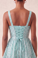 Laden Sie das Bild in den Galerie-Viewer, Himmelblaues A-Linie-Eck mit quadratischem Halsausschnitt und Pailletten-Pailletten-Homecoming-Kleid mit Schleife