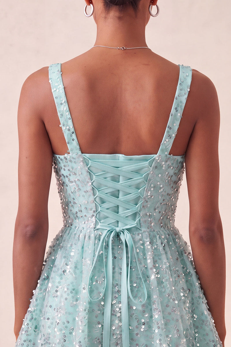 Laden Sie das Bild in den Galerie-Viewer, Himmelblaues A-Linie-Eck mit quadratischem Halsausschnitt und Pailletten-Pailletten-Homecoming-Kleid mit Schleife