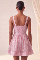 Laden Sie das Bild in den Galerie-Viewer, Himmelblaues A-Linie-Eck mit quadratischem Halsausschnitt und Pailletten-Pailletten-Homecoming-Kleid mit Schleife