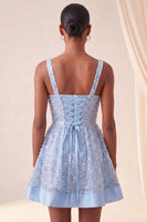 Laden Sie das Bild in den Galerie-Viewer, Himmelblaues A-Linie-Eck mit quadratischem Halsausschnitt und Pailletten-Pailletten-Homecoming-Kleid mit Schleife