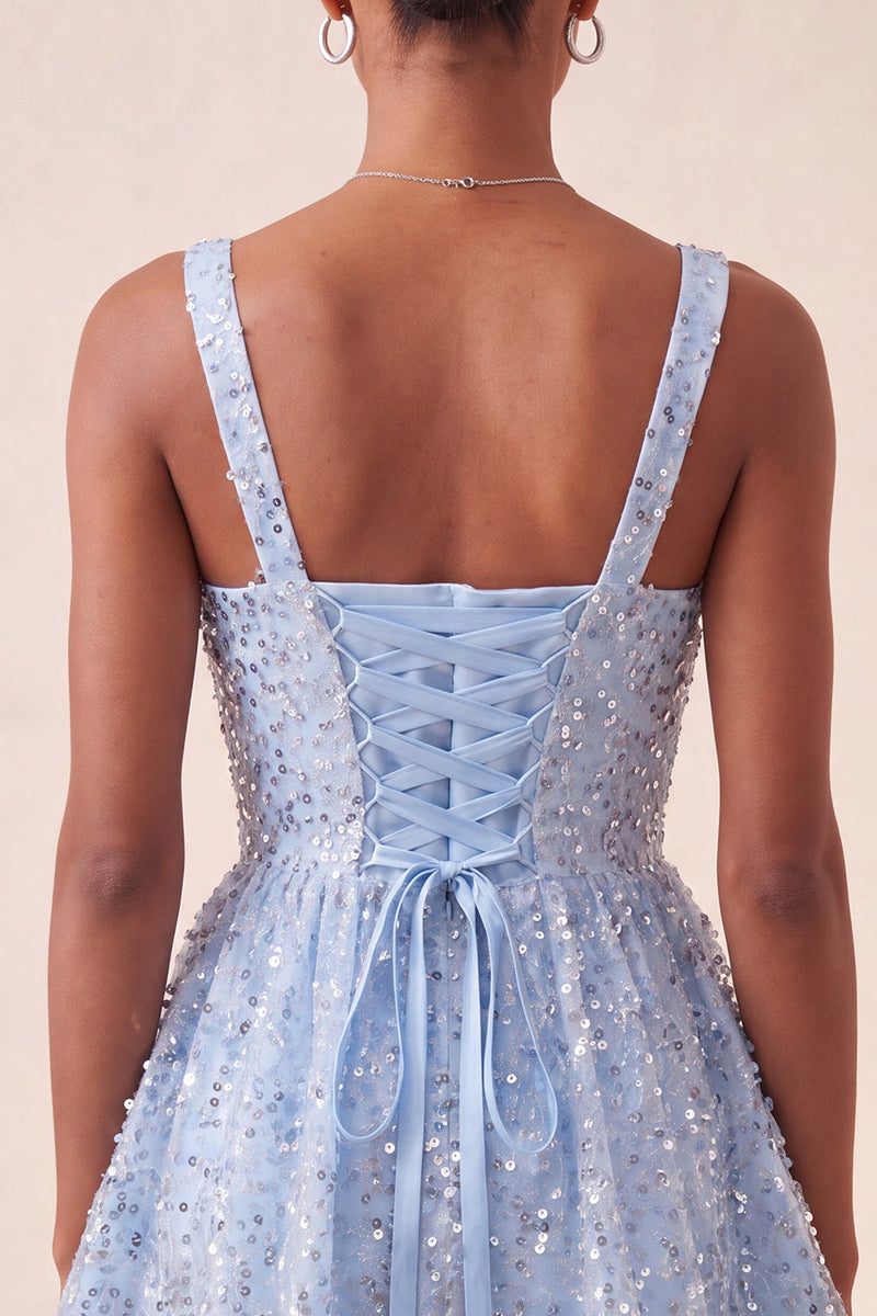 Laden Sie das Bild in den Galerie-Viewer, Himmelblaues A-Linie-Eck mit quadratischem Halsausschnitt und Pailletten-Pailletten-Homecoming-Kleid mit Schleife