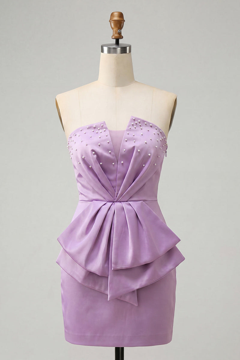 Laden Sie das Bild in den Galerie-Viewer, Trägerloses Hellviolettes Bodycon Schnürung Perlen Gerafftes Kurzes Abendkleid