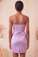 Laden Sie das Bild in den Galerie-Viewer, Trägerloses Hellviolettes Bodycon Schnürung Perlen Gerafftes Kurzes Abendkleid