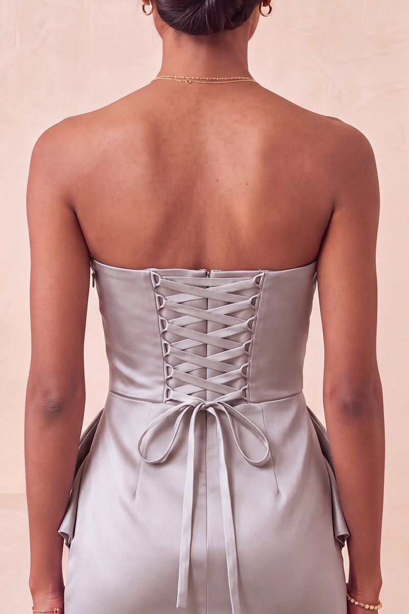 Laden Sie das Bild in den Galerie-Viewer, Trägerloses Hellviolettes Bodycon Schnürung Perlen Gerafftes Kurzes Abendkleid