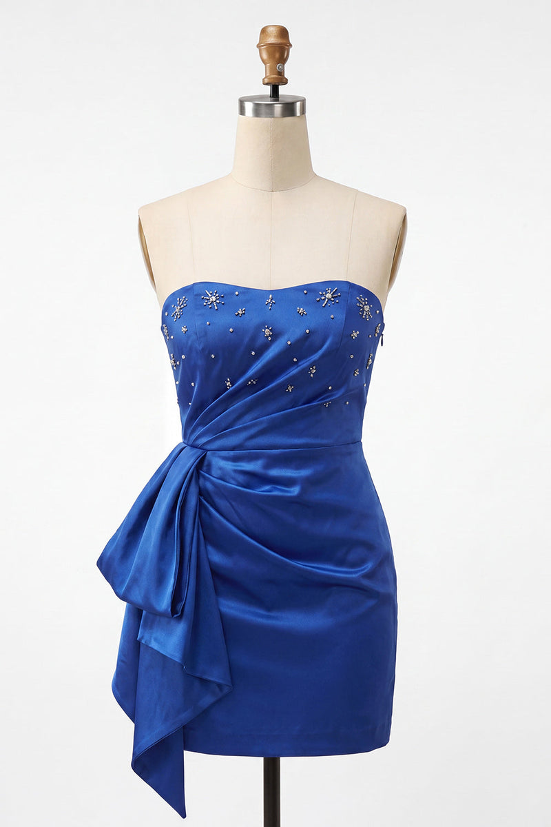 Laden Sie das Bild in den Galerie-Viewer, Satin königsblaues, trägerloses Bodycon mit Schnürung hinten mit Perlen, gerafftes Homecoming-Kleid mit Schärpe