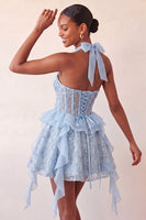 Laden Sie das Bild in den Galerie-Viewer, Halter-Ausschnitt A-Linie mintgrünes, transparentes Korsett, Blumen-Rüschen-Homecoming-Kleid mit Schnürung hinten