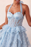 Laden Sie das Bild in den Galerie-Viewer, Halter-Ausschnitt A-Linie mintgrünes, transparentes Korsett, Blumen-Rüschen-Homecoming-Kleid mit Schnürung hinten