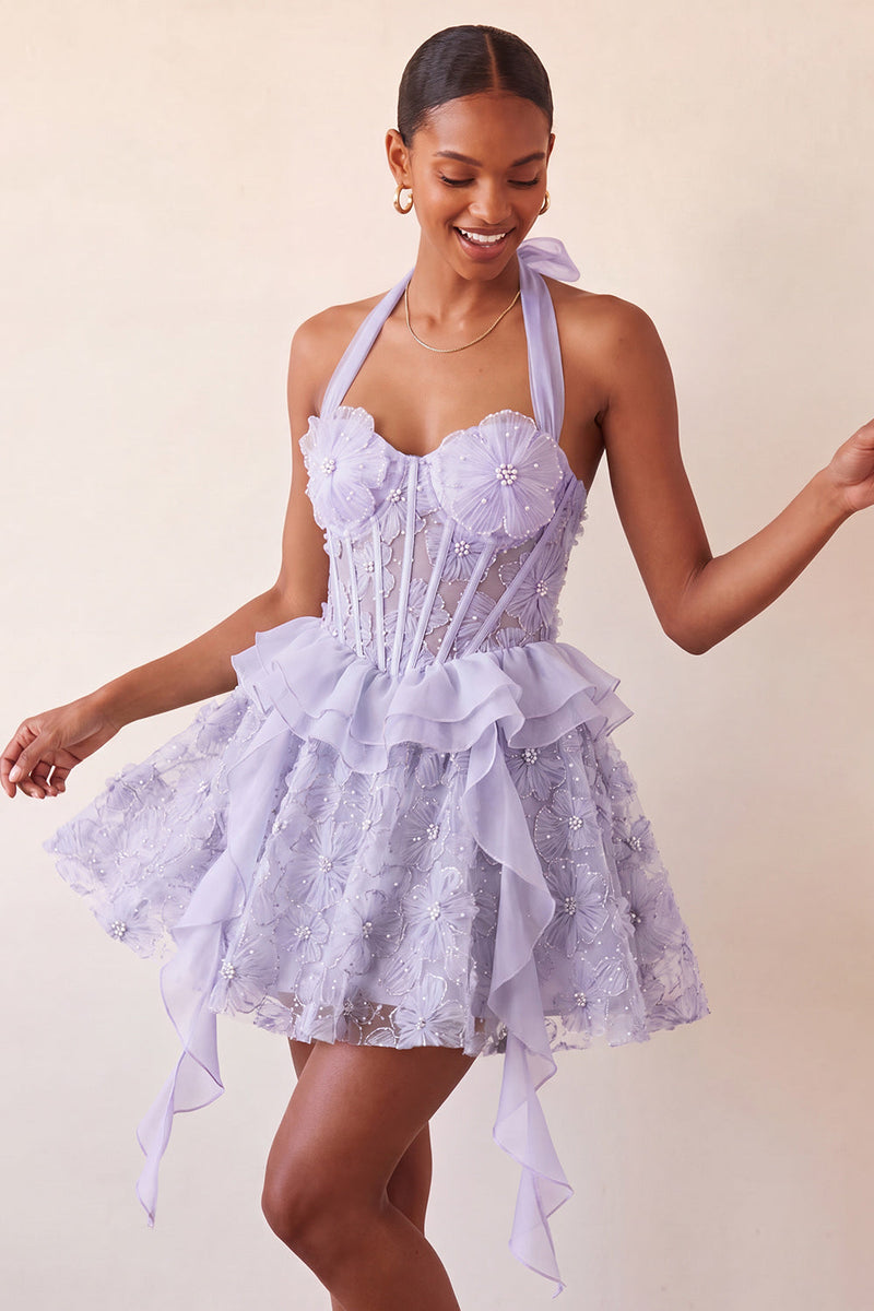 Laden Sie das Bild in den Galerie-Viewer, Halter-Ausschnitt A-Linie mintgrünes, transparentes Korsett, Blumen-Rüschen-Homecoming-Kleid mit Schnürung hinten