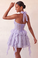 Laden Sie das Bild in den Galerie-Viewer, Halter-Ausschnitt A-Linie mintgrünes, transparentes Korsett, Blumen-Rüschen-Homecoming-Kleid mit Schnürung hinten