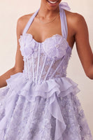 Laden Sie das Bild in den Galerie-Viewer, Halter-Ausschnitt A-Linie mintgrünes, transparentes Korsett, Blumen-Rüschen-Homecoming-Kleid mit Schnürung hinten