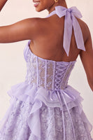 Laden Sie das Bild in den Galerie-Viewer, Halter-Ausschnitt A-Linie mintgrünes, transparentes Korsett, Blumen-Rüschen-Homecoming-Kleid mit Schnürung hinten