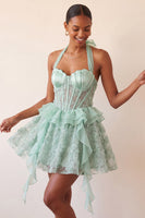 Laden Sie das Bild in den Galerie-Viewer, Halter-Ausschnitt A-Linie mintgrünes, transparentes Korsett, Blumen-Rüschen-Homecoming-Kleid mit Schnürung hinten