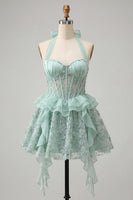 Laden Sie das Bild in den Galerie-Viewer, Halter-Ausschnitt A-Linie mintgrünes, transparentes Korsett, Blumen-Rüschen-Homecoming-Kleid mit Schnürung hinten
