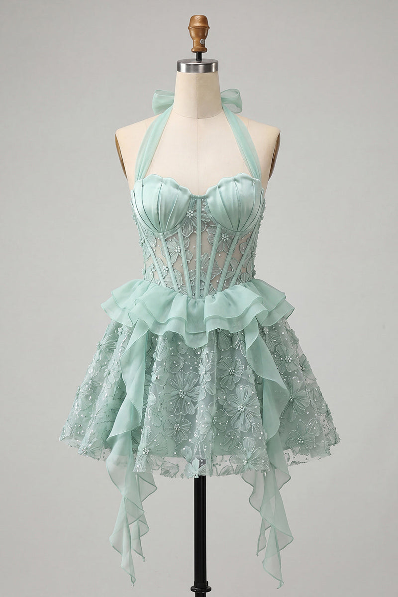 Laden Sie das Bild in den Galerie-Viewer, Halter-Ausschnitt A-Linie mintgrünes, transparentes Korsett, Blumen-Rüschen-Homecoming-Kleid mit Schnürung hinten