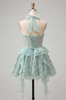 Laden Sie das Bild in den Galerie-Viewer, Halter-Ausschnitt A-Linie mintgrünes, transparentes Korsett, Blumen-Rüschen-Homecoming-Kleid mit Schnürung hinten