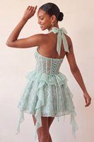 Laden Sie das Bild in den Galerie-Viewer, Halter-Ausschnitt A-Linie mintgrünes, transparentes Korsett, Blumen-Rüschen-Homecoming-Kleid mit Schnürung hinten