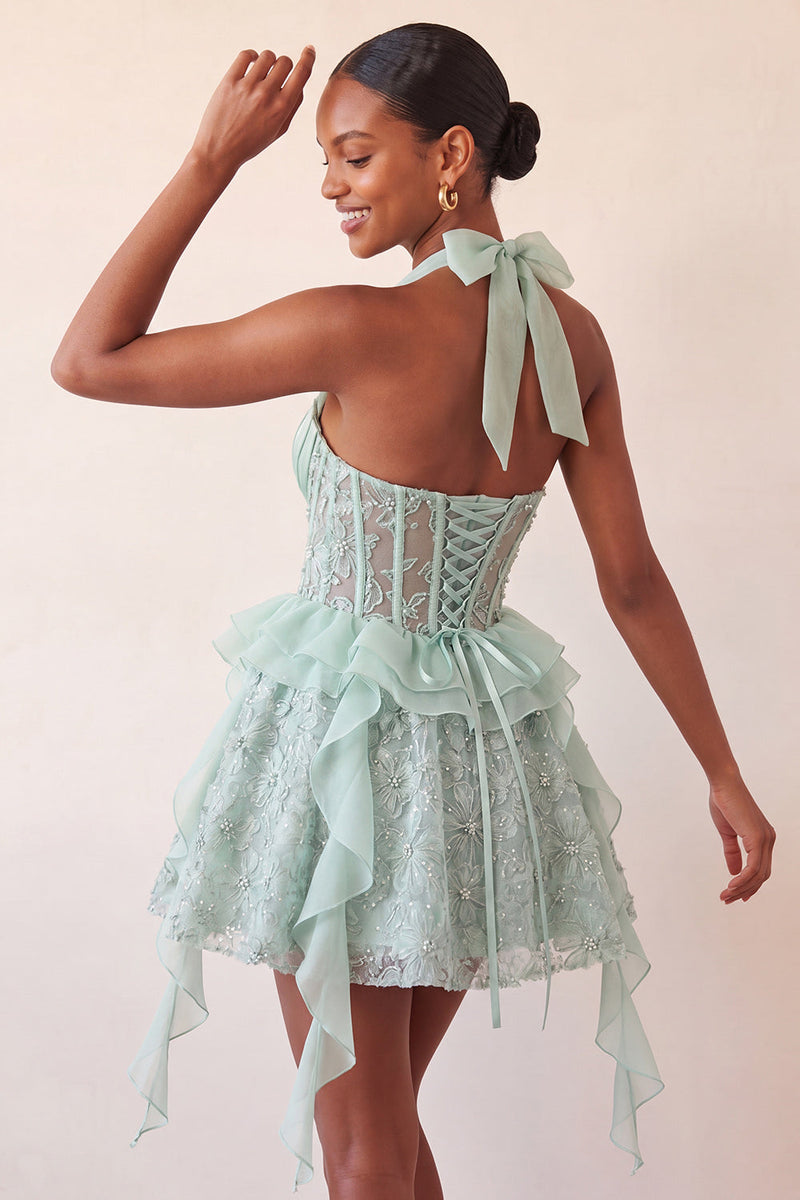 Laden Sie das Bild in den Galerie-Viewer, Halter-Ausschnitt A-Linie mintgrünes, transparentes Korsett, Blumen-Rüschen-Homecoming-Kleid mit Schnürung hinten