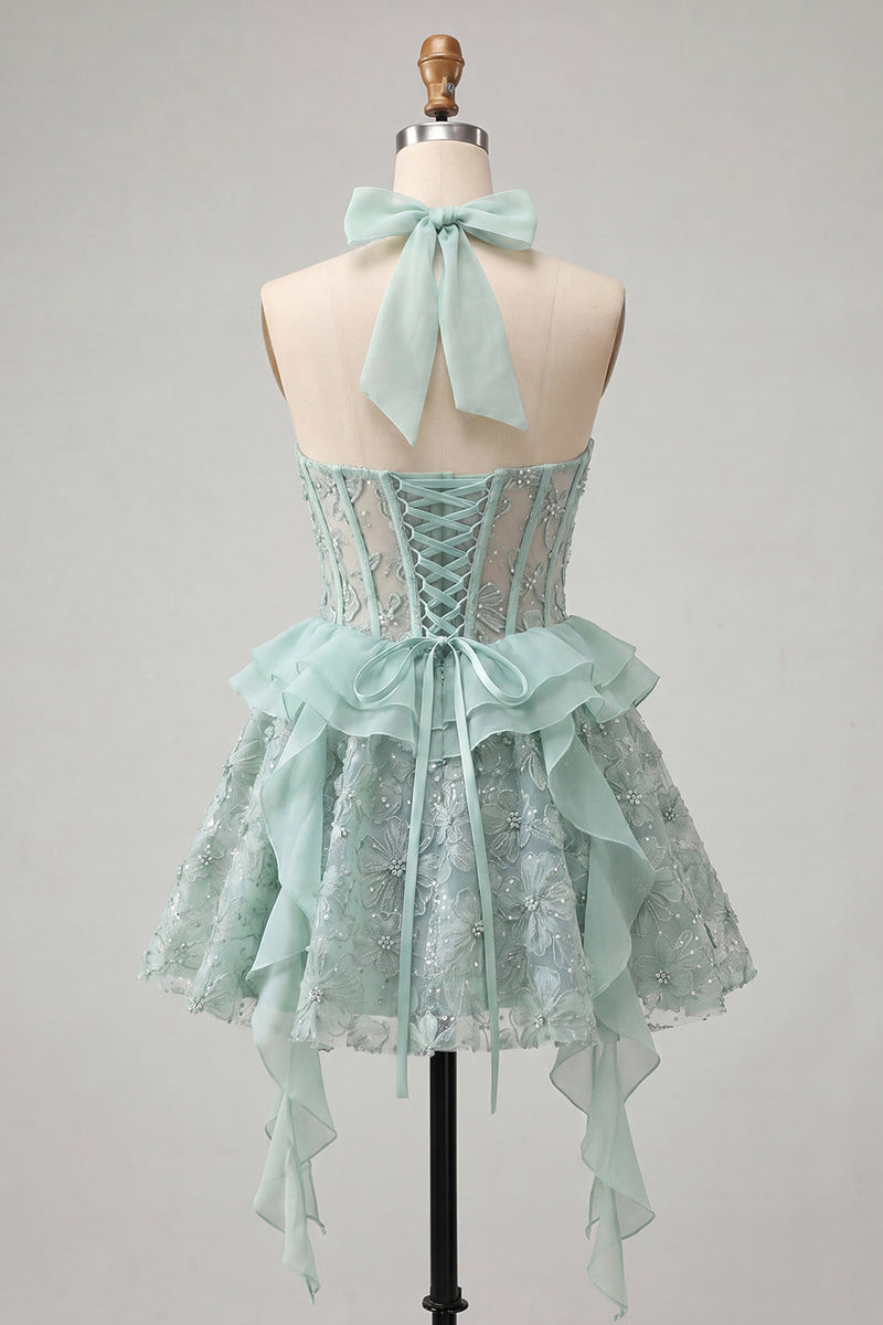 Laden Sie das Bild in den Galerie-Viewer, Halter-Ausschnitt A-Linie mintgrünes, transparentes Korsett, Blumen-Rüschen-Homecoming-Kleid mit Schnürung hinten