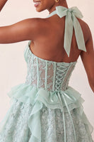 Laden Sie das Bild in den Galerie-Viewer, Halter-Ausschnitt A-Linie mintgrünes, transparentes Korsett, Blumen-Rüschen-Homecoming-Kleid mit Schnürung hinten
